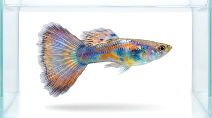 Fototapeta premium Beautiful male guppy fish with vibrant multicolored tail and patterned scales swimming inside a clear glass aquarium on white background