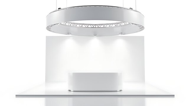 Modern minimalist exhibition booth with circular lighting and spotlight illumination.