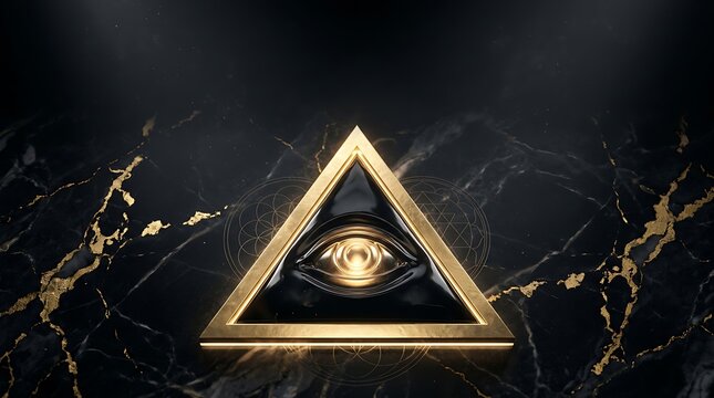 Golden eye of providence encased within a metallic triangle pyramid symbol resting upon a dark polished black marble stone background