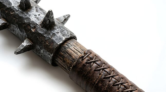 Heavy iron medieval mace featuring sharp metal spikes and a rustic wooden handle wrapped in dark worn leather grip material