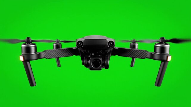 Modern professional quadcopter drone flying against a solid green screen background for chroma key compositing