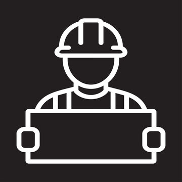 Construction Worker Holding Blueprint White Line Icon on Black Background