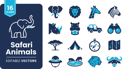 Obraz premium Premium collection of safari adventure and wild animal line icons including elephant, lion, giraffe, zebra, and outdoor camping symbols