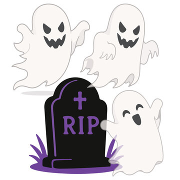Halloween ghost clipart featuring spooky and friendly ghosts with a gravestone.