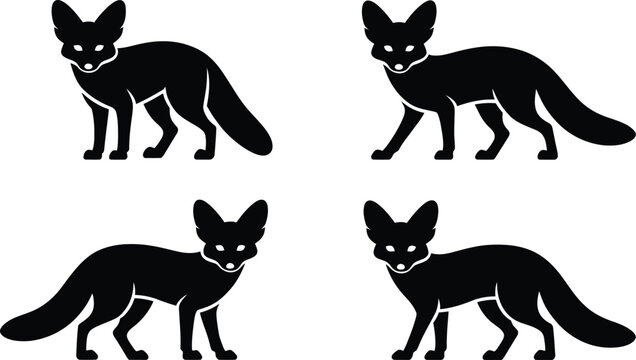 Black silhouette of four running cats in dynamic poses jump
