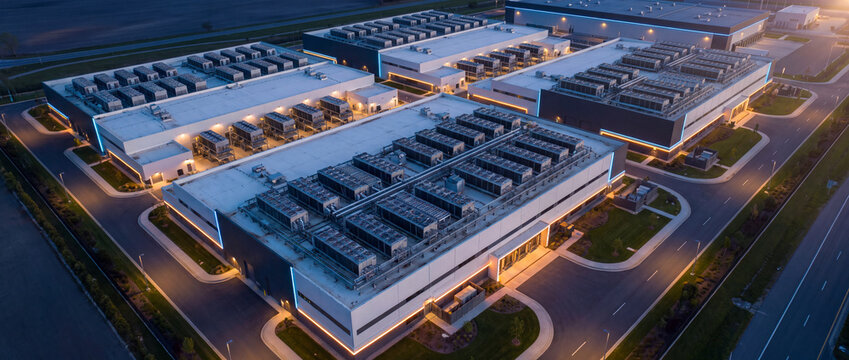 Data center building complex at dusk with aerial perspective shows modern architecture, rooftop HVAC cooling equipment, and LED lighting for cloud storage technology concepts