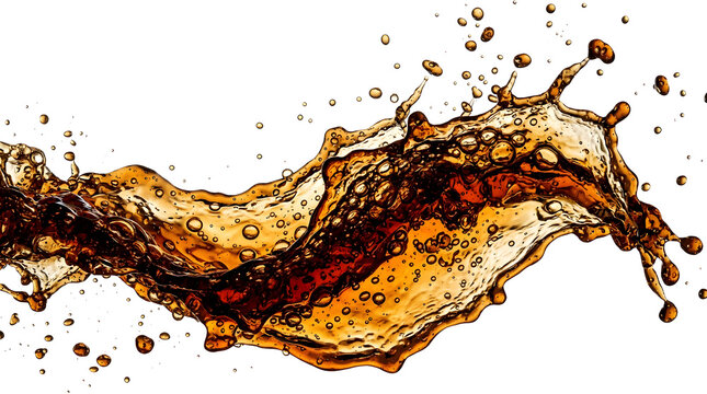 Cola splash with bubbles, isolated on transparent checkerboard background, dynamic movement.