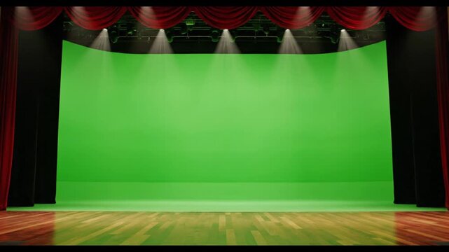 Empty theater stage with red velvet curtains and green screen background