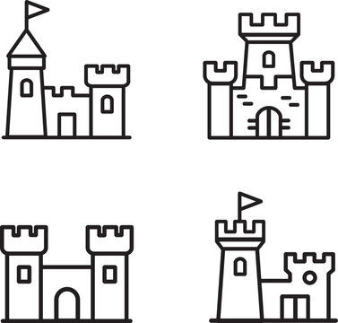 Medieval Castle Icons Set Featuring Fortresses Turrets Battlements and Flags