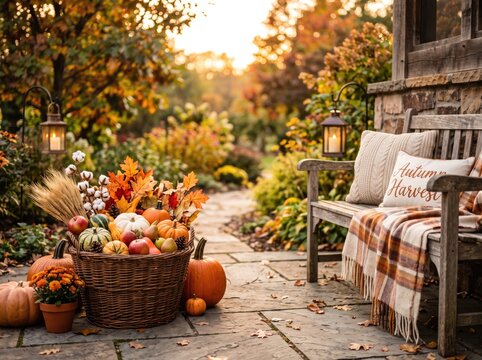 Cozy autumn garden scene with pumpkins and harvest decor for a warm thanksgiving holiday home celebration