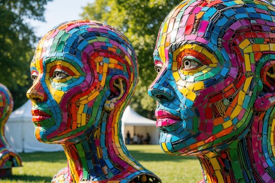 Two colorful mosaic head sculptures stand in a park. Recycled materials form intricate faces. Art installation celebrates reuse and creativity in outdoor public space.