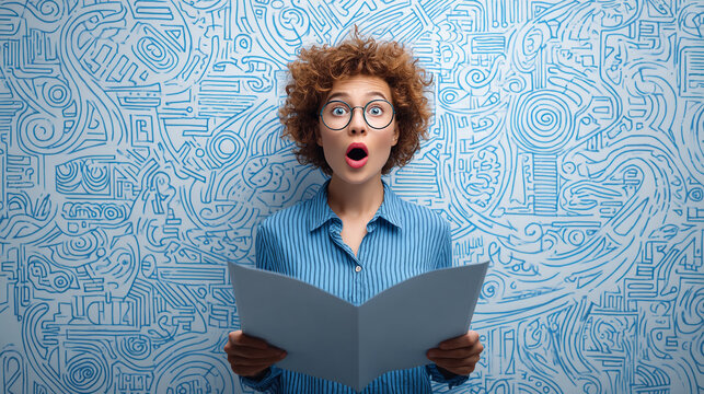 Shocked Young Woman in Glasses Reading Document Against Patterned Background