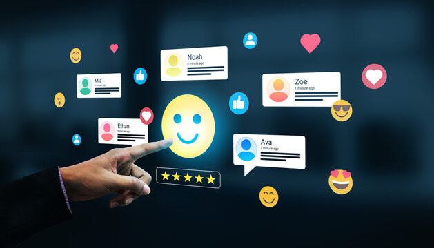 A hand interacting with a smiling icon and social media feedback elements illustrates the importance of user engagement and positive emotions in digital communication. Ledger