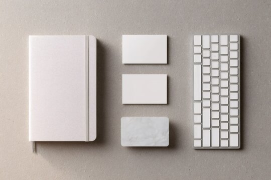 Modern branding mockup with notebook and business cards. Minimalist flat lay of stationery and keyboard on a grey textured background