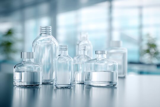 Clear glass bottles and vials on a reflective surface in a modern laboratory. Medical, pharmaceutical, and scientific research concept