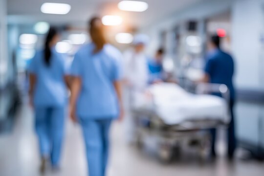 Blurred hospital background with nurses walking in a corridor. Medical staff transporting a patient on a stretcher in a clinic