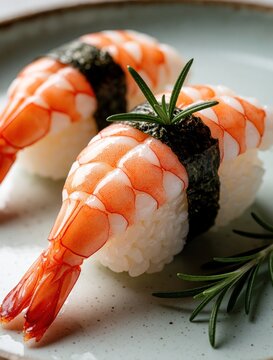 Japanese ebi nigiri shrimp sushi with rice, nori on white ceramic plate. Fresh seafood appetizer garnished with green rosemary herb for flavor. Traditional healthy asian cuisine meal served in