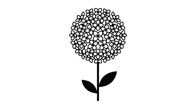 Stylized Black and White Hydrangea Flower Silhouette, Minimalist Botanical Illustration