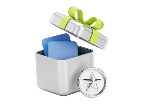 Open gift box with blue documents and a clock icon