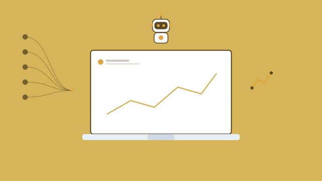AI robot over a laptop with an ascending data line, graph icon and data stream, gold color scheme