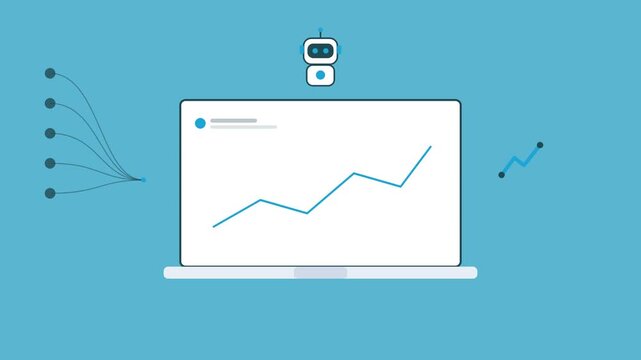 AI robot over a laptop with an ascending data line, graph icon and data stream, cyan color scheme
