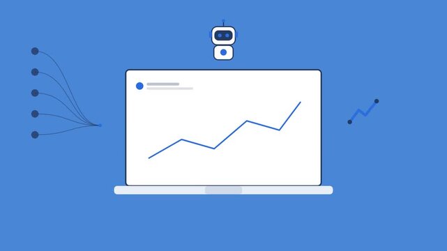 AI robot over a laptop with an ascending data line, graph icon and data stream, blue color scheme