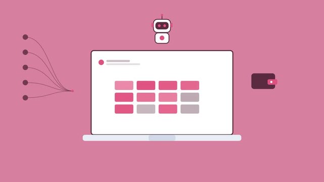 AI robot over a laptop with an animated data grid, wallet icon and data stream, rose pink color scheme