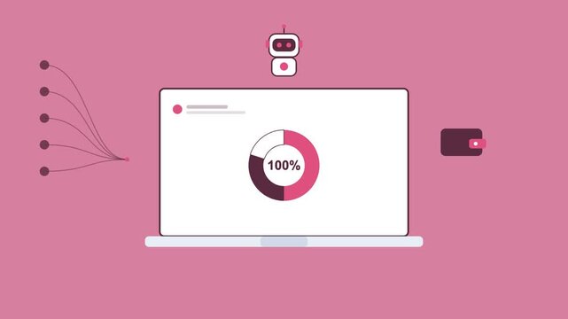 AI robot over a laptop with an animated donut chart, wallet icon and data stream, rose pink color scheme