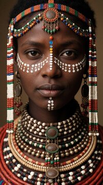 Portrait of young African woman wearing colorful traditional beaded jewelry headpiece, necklace. Dark skin model poses with white tribal face paint pattern. Ethnic fashion style celebrates heritage.