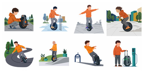 Kid riding electric unicycle set, young boy using self-balancing one wheel scooter in various activities like charging and riding, modern eco-friendly personal transport illustration. © ArtlowMedia