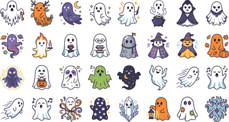 Obraz premium Cute Halloween Ghost Vector Icon Set