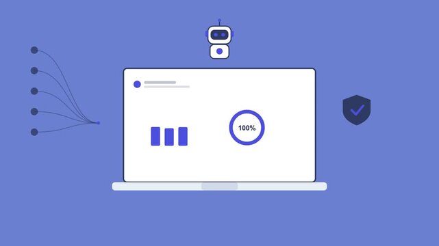AI robot over a laptop with a finance dashboard, shield icon and data stream, indigo color scheme