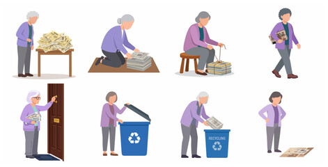 Fototapeta premium Elderly woman character set collecting and recycling old newspapers vector illustration