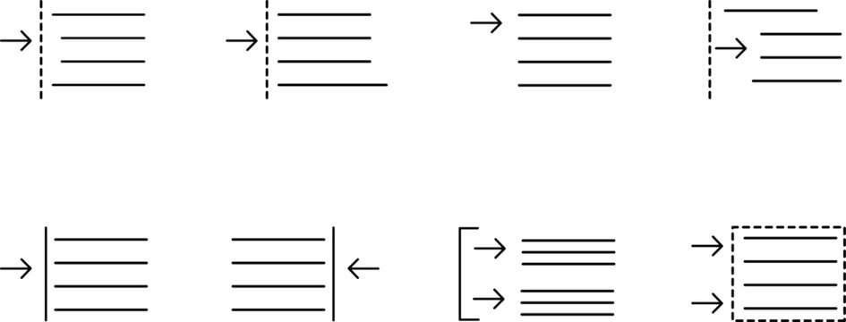 Set of alignment icons with arrows showing text and paragraph layout positions