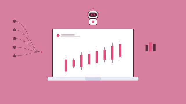 AI robot over a laptop with an animated candlestick chart, chart icon and data stream, rose pink color scheme