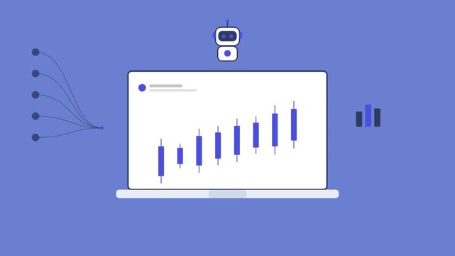 AI robot over a laptop with an animated candlestick chart, chart icon and data stream, indigo color scheme