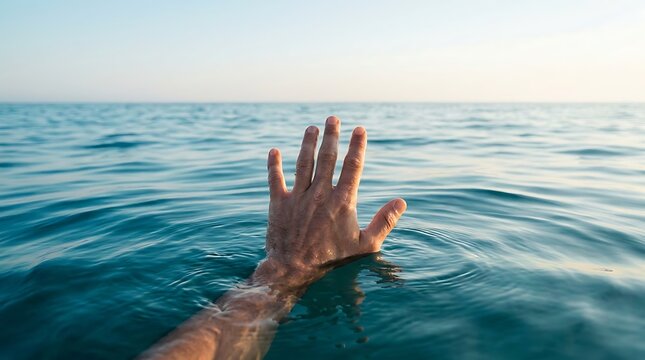 Close Up Hand Reaching Out Of Water With Ocean Waves And Clear Sky For Drowning Or Help Concept