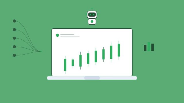 AI robot over a laptop with an animated candlestick chart, chart icon and data stream, green color scheme