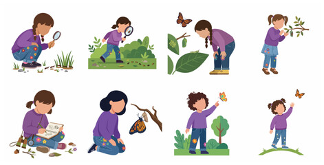 Children exploring nature and observing insect life cycles vector illustration set