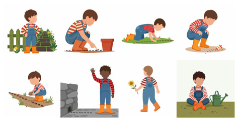 Collection of illustrations showing a young boy exploring nature and observing ants in various outdoor activities.