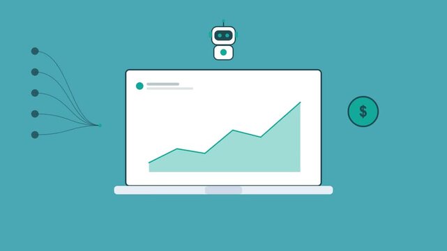AI robot over a laptop with a rising area chart, coin icon and data stream, teal color scheme