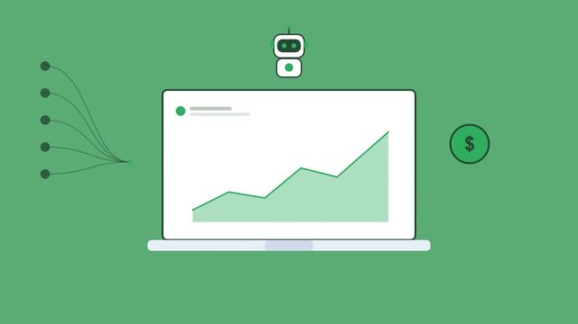 AI robot over a laptop with a rising area chart, coin icon and data stream, green color scheme