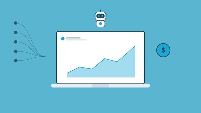 AI robot over a laptop with a rising area chart, coin icon and data stream, cyan color scheme
