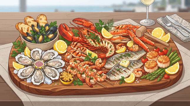 Gourmet Seafood Platter Feast: Lobster, Oysters, Shrimp, Scallops, Fish, Mussels, Lemon, Herbs, Beachside View