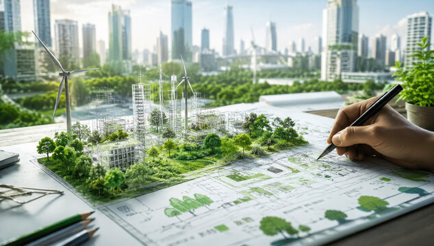 Businessman planning on environmental protection initiative for clean and sustainable future ecology, ESG environmental social governance display on paper chart on eco-friendly company