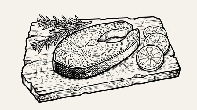 Hand-drawn illustration of a raw salmon steak with lemon slices and rosemary on a rustic wooden cutting board, black and white sketch style.