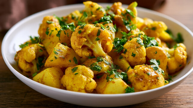 Aloo gobi, a traditional indian dish made with cauliflower and potatoes with spices