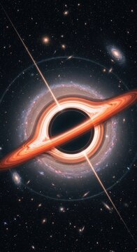 Supermassive black hole generating intense gravitational pull, demonstrating vast cosmic energy radiation, featuring bright accretion disk orbiting event horizon, within distant galaxy universe.
