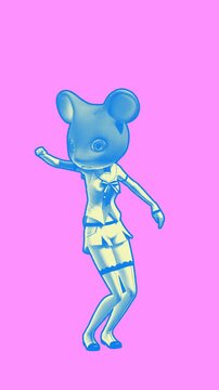Seamless funny vertical video of a cartoon dancing doll with mouse head isolated with copyspace. Stop motion minimal halftone comic style background. Dancing funny animal.