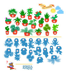 Obraz na płótnie Canvas Can you find the shadow of each flower pot? Write the numbers in circles. Best puzzles for kids. Educational game for children. Task for attentiveness. Game Seek and Find. Hand drawn vector image.